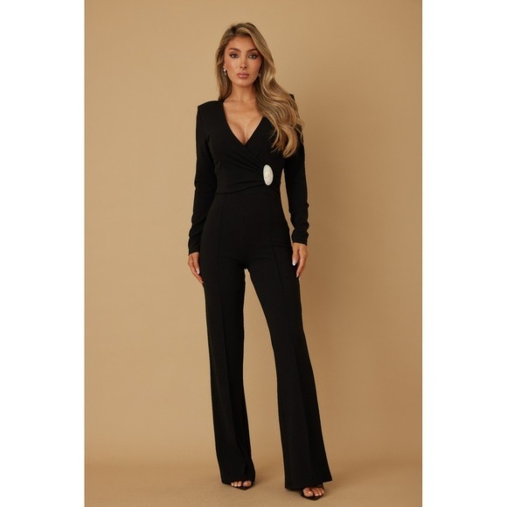 Black Long Sleeve V-Neck Jumpsuit with Rhinestone Buckle‎ Detail